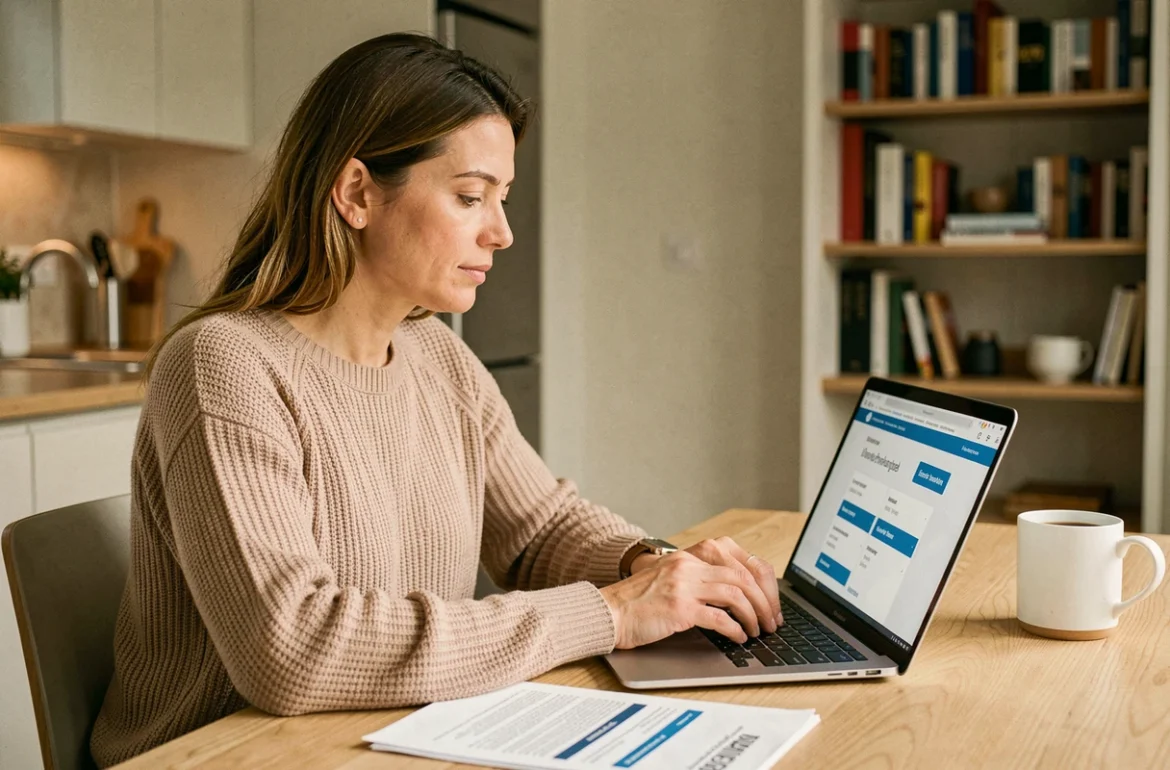 Femme comparant des offres d'assurance automobile sur son ordinateur portable à la maison