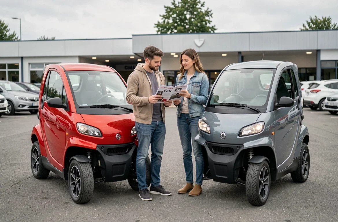 Couple comparant deux voitures sans permis neuves dans un parking de concession avec brochure tarifaire