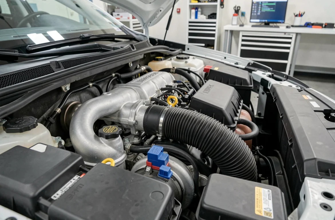 Compartiment moteur diesel BlueHDi 1.5 avec turbocompresseur et capteurs visibles sur une voiture compacte européenne