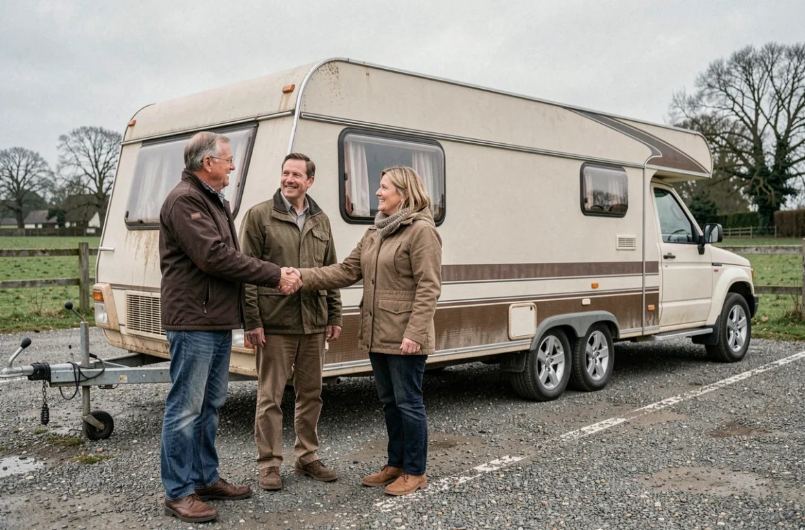 Deux particuliers concluant la vente d'une caravane d'occasion avec une poignée de main dans un cadre rural
