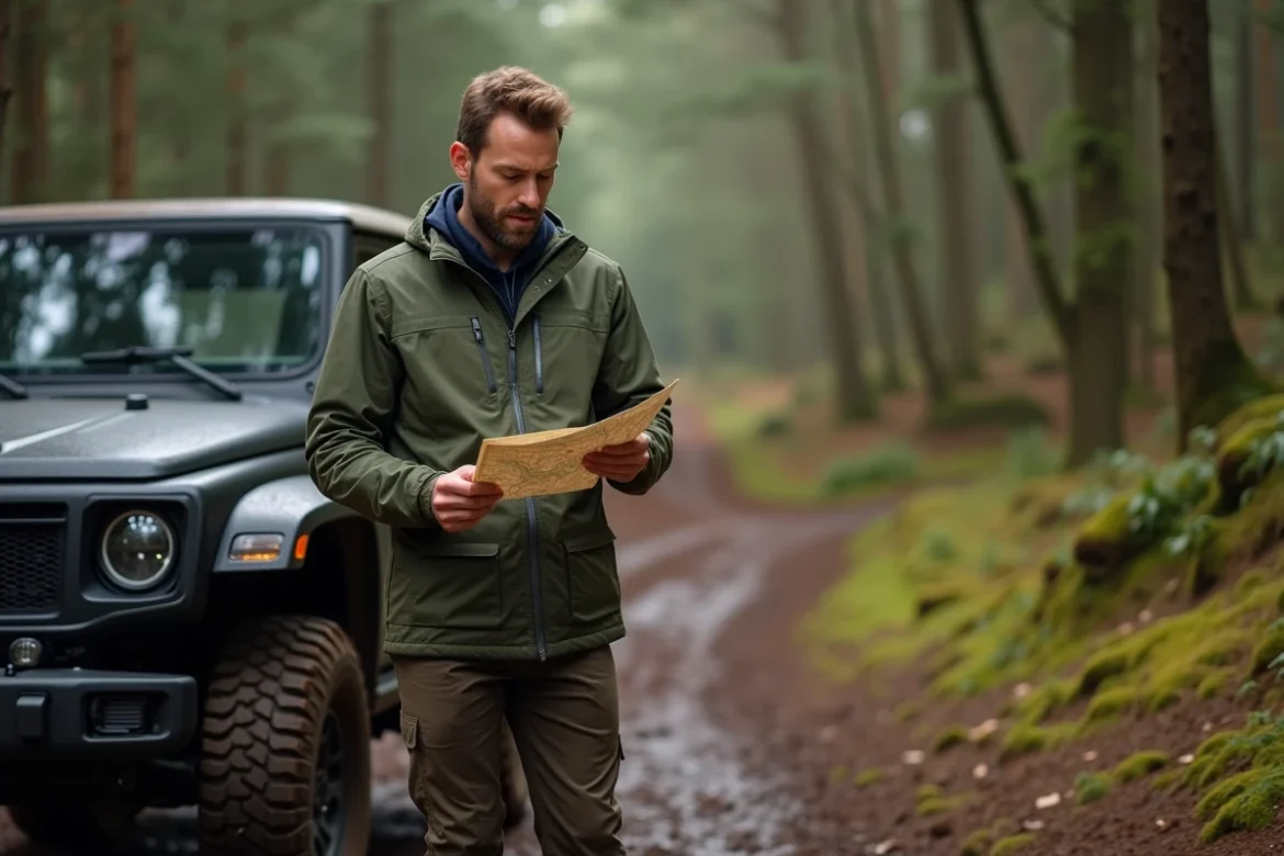 Homme consultant une carte topographique à côté d'un 4x4 électrique sur une piste forestière boueuse