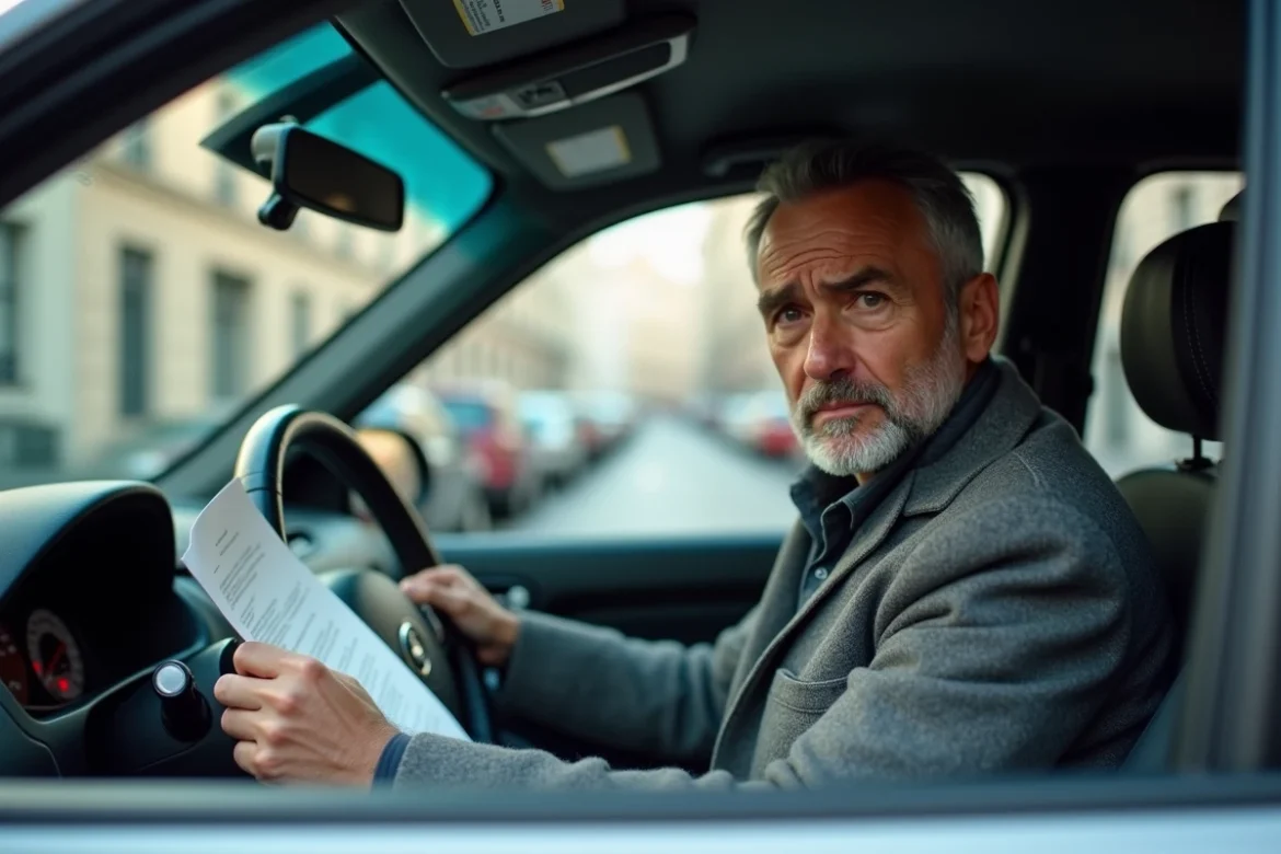 Conducteur de voiture diesel tenant un avis administratif lié aux restrictions ZFE, exprimant une inquiétude face aux risques pour les contrevenants