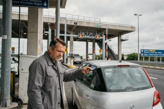 Conducteur payant un péage autoroutier en France avec une carte bancaire sans contact en 2026