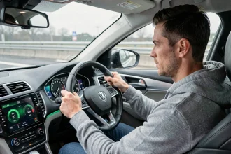 Conducteur regardant un tableau de bord avec compteur de vitesse en mph et kph dans une voiture moderne