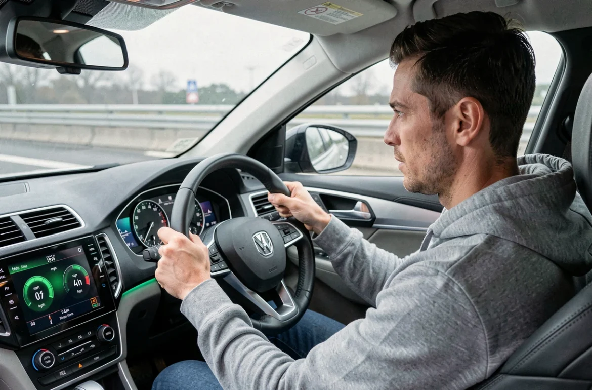 Conducteur regardant un tableau de bord avec compteur de vitesse en mph et kph dans une voiture moderne
