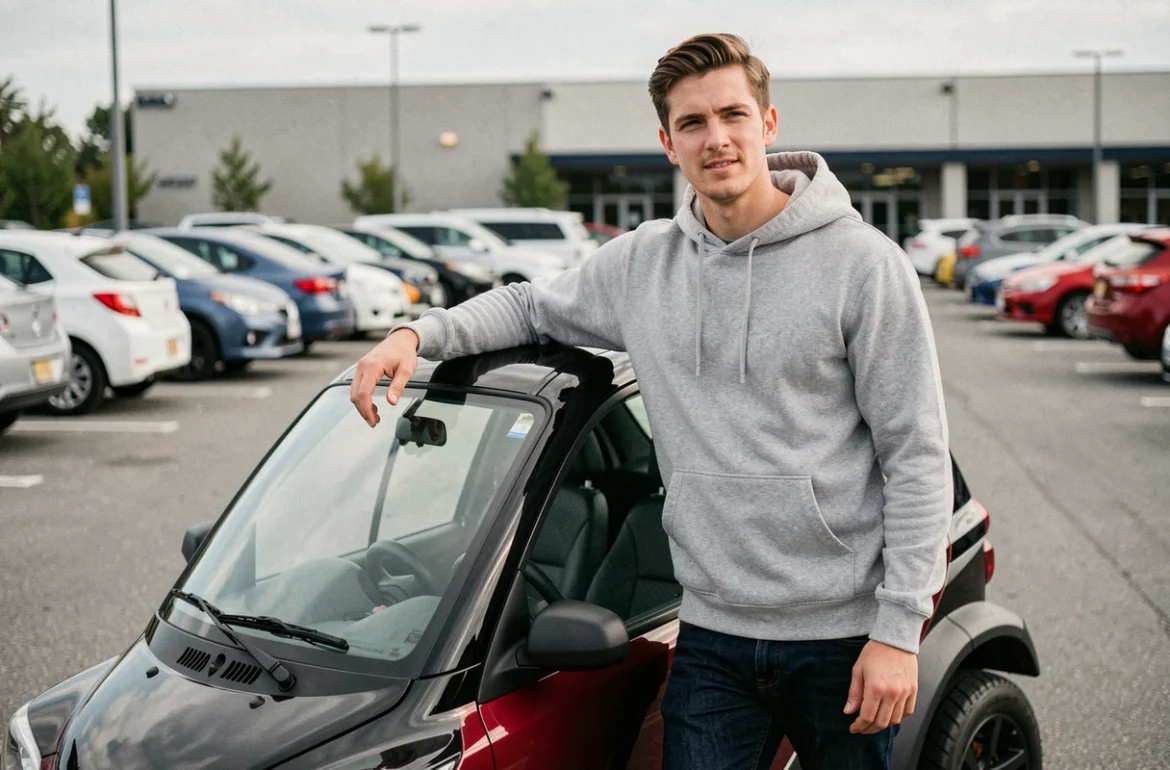 Jeune conducteur sans permis posant à côté d'une JDM dans un parking