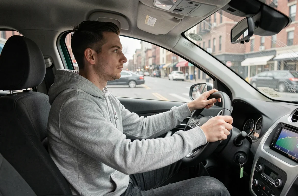 Jeune homme conduisant une voiture sans permis en ville, vue depuis le siège passager