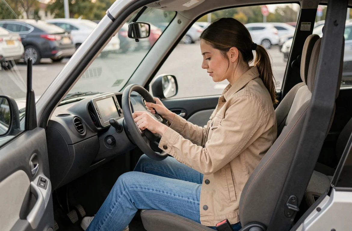 Jeune femme au volant d'une voiture sans permis inspectant le tableau de bord