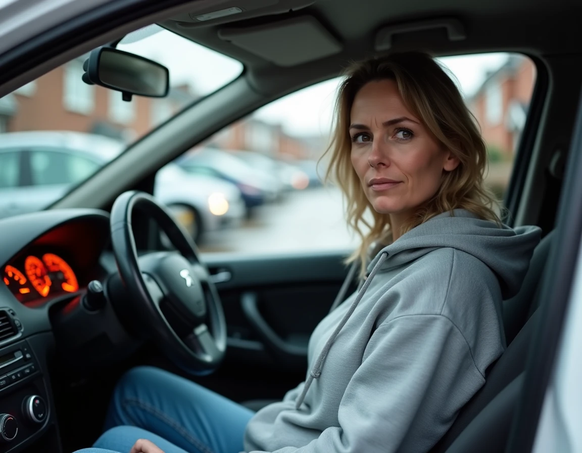 Conductrice inquiète face à un voyant orange allumé sur le tableau de bord de sa Peugeot 206