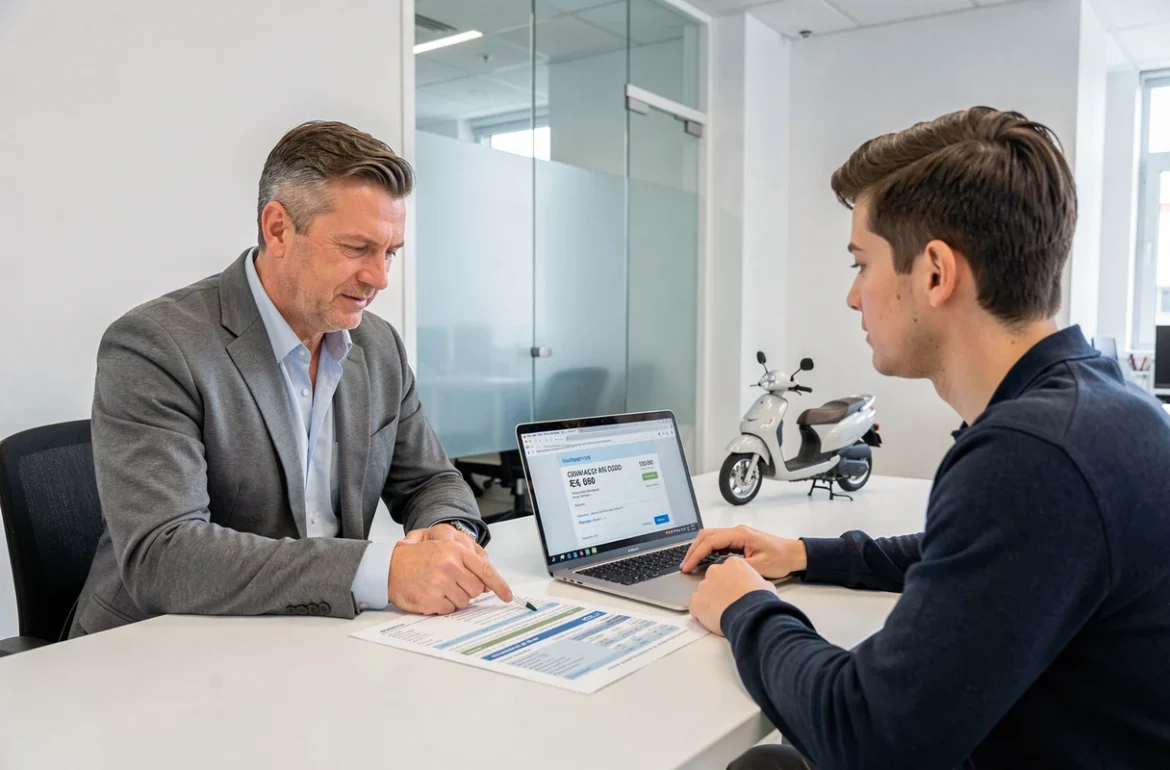 Agent d'assurance expliquant les critères de tarification d'une assurance 125cc à un client