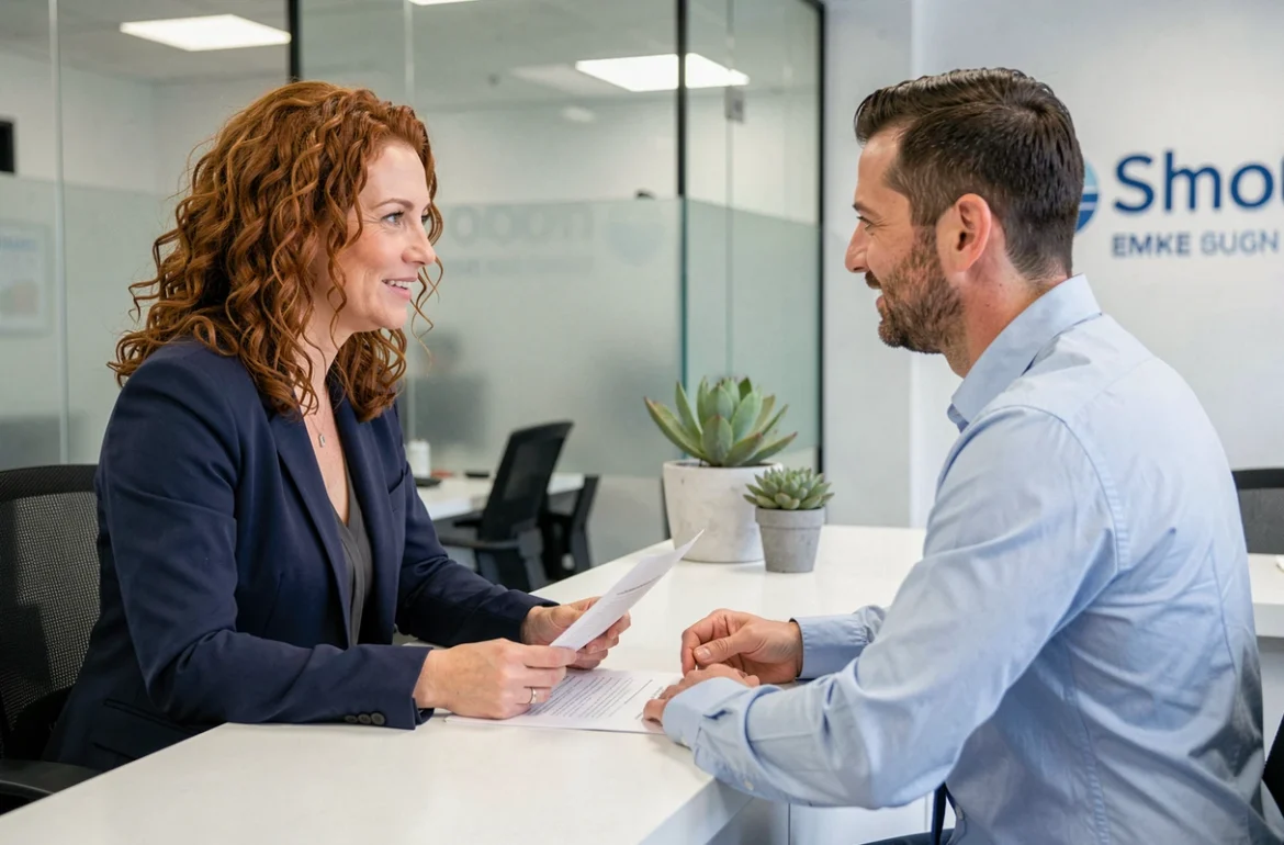 Cliente et conseiller en agence d'assurance discutant d'un changement de contrat auto sans frais