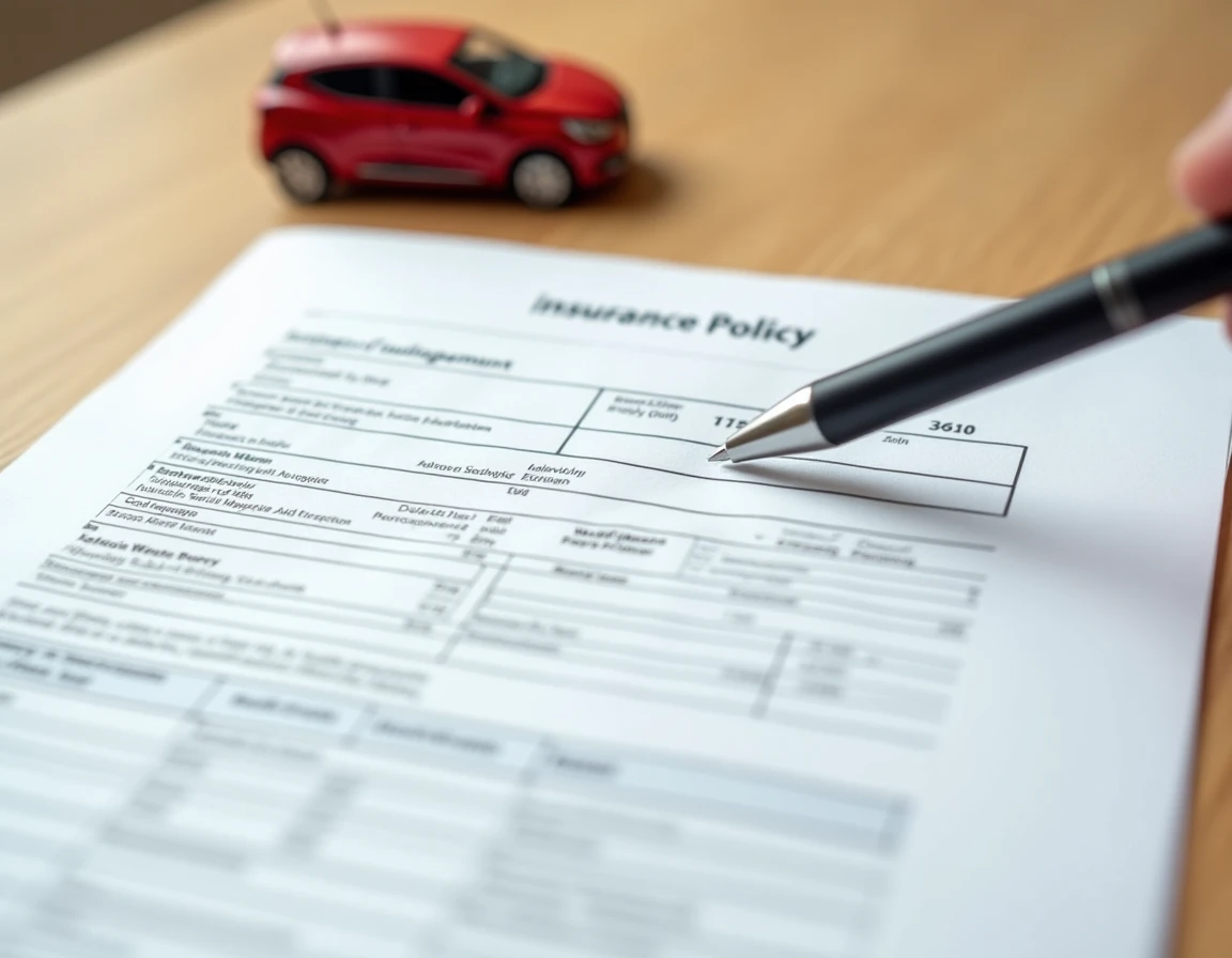Document de contrat d'assurance auto posé sur un bureau en bois avec une maquette de Renault Clio, illustrant l'impact du poids et du gabarit sur le calcul de la prime