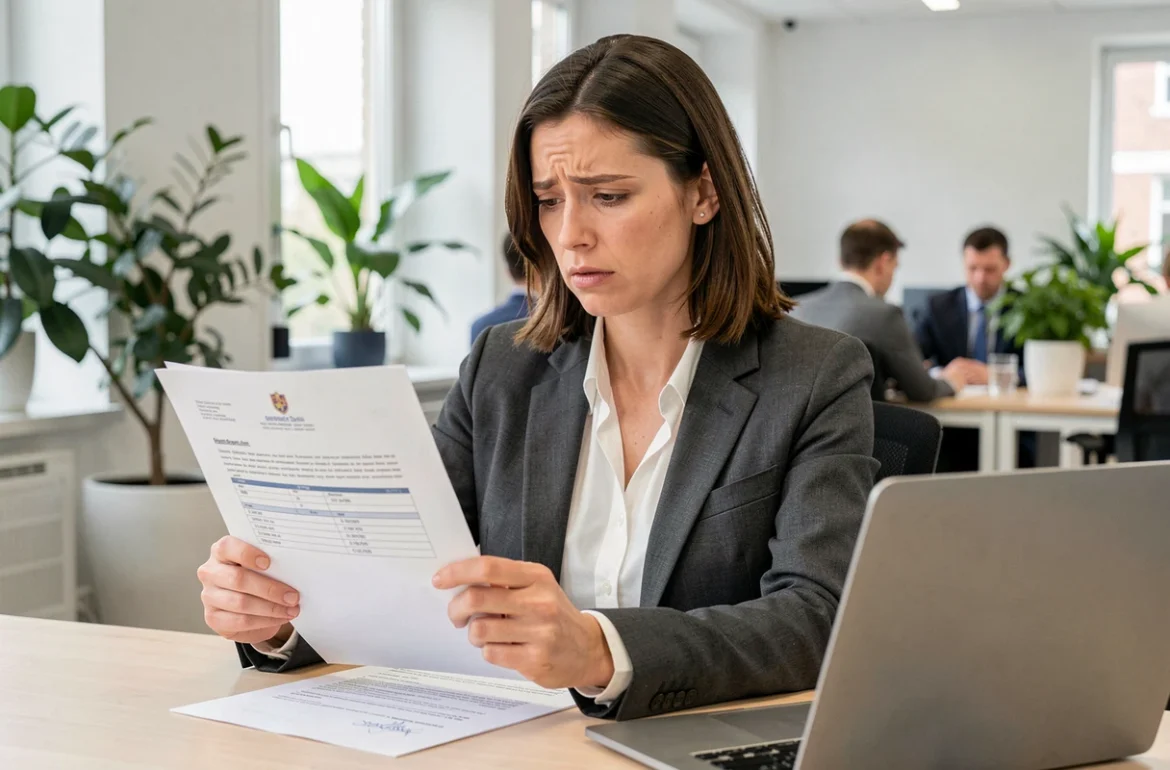 Femme en entreprise consultant un document de contravention de 5ème classe reçu au travail