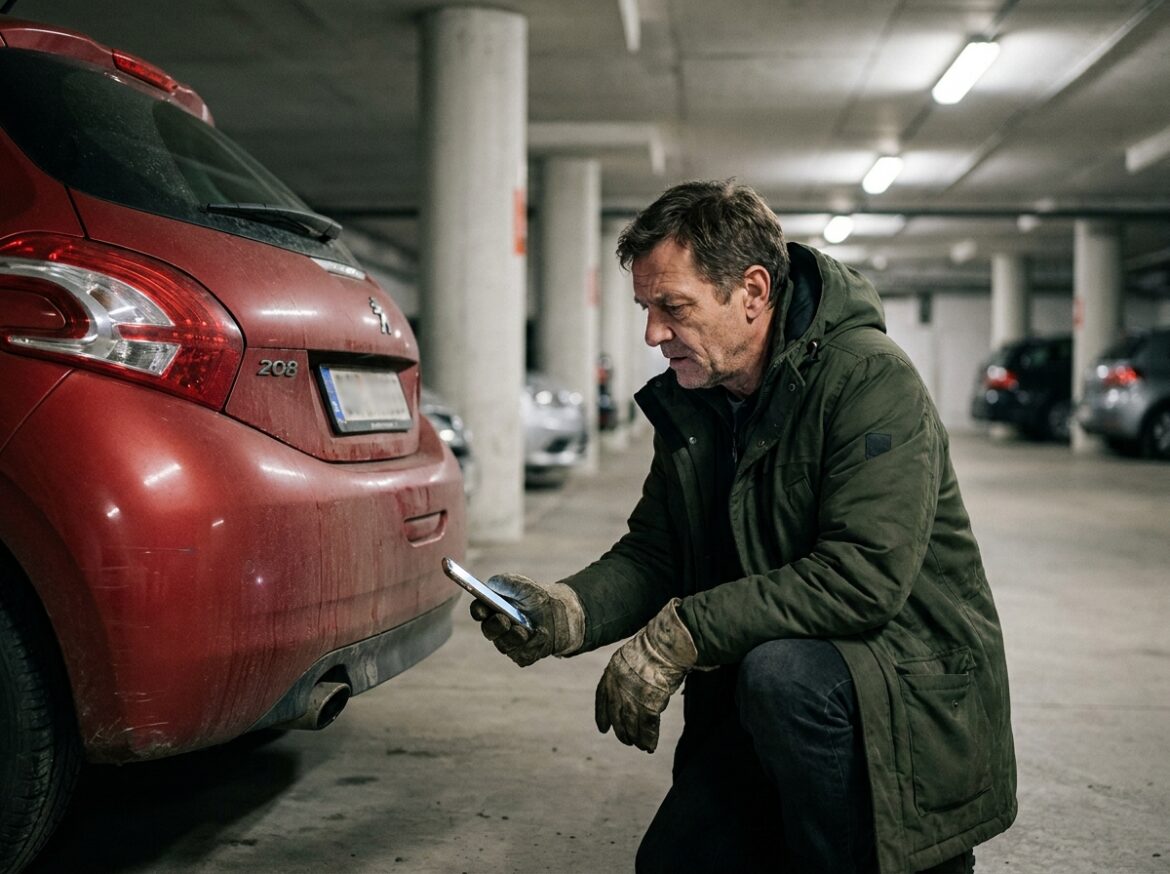 Homme examinant l'échappement et le pare-chocs arrière d'une Peugeot 208 rouge dans un parking souterrain