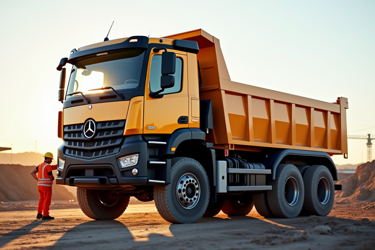 Travailleur vérifiant la pression des pneus du camion sur chantier