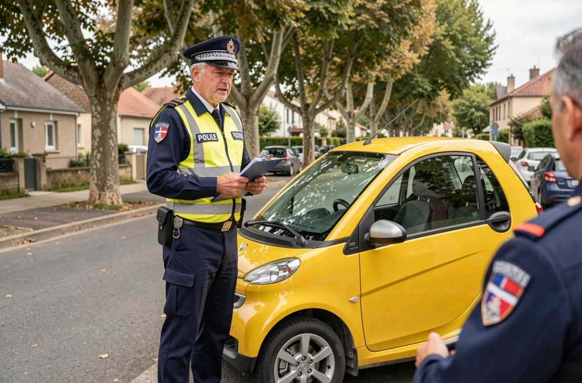 Gendarme contrôlant une voiture sans permis lors d'une vérification routière en zone périurbaine