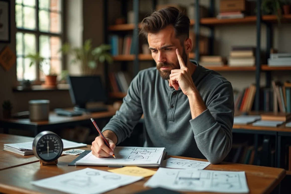 Ingénieur concentré convertissant mentalement des miles par heure en kilomètres par heure à son bureau couvert de notes et d'un speedomètre vintage