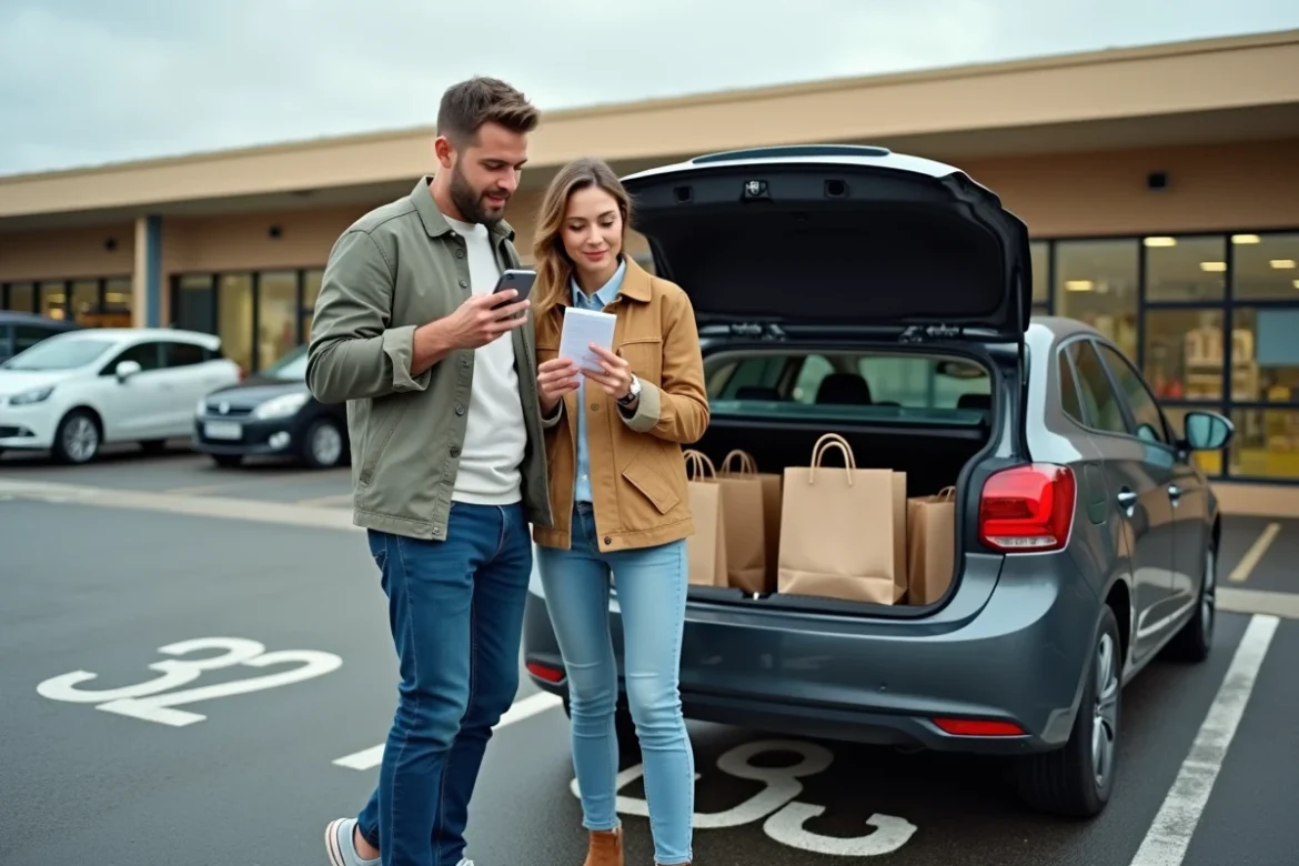 Couple comparant les économies réalisées grâce à une appli de réduction au retrait de leur commande drive