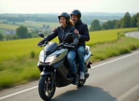 Couple à moto sur route de campagne verte