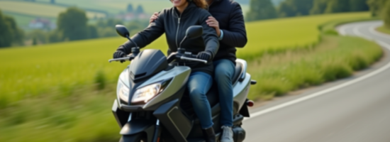 Couple à moto sur route de campagne verte