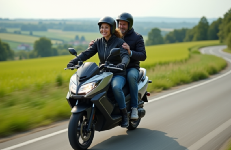 Couple à moto sur route de campagne verte