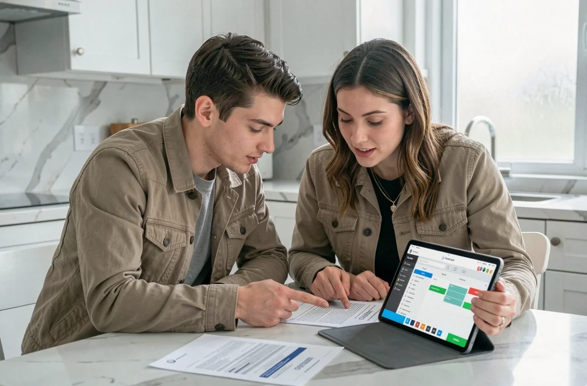 Couple consultant des offres d'assurance auto en ligne sur une tablette à la maison