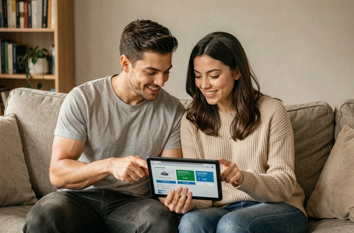 Couple recherchant la meilleure assurance auto sur tablette dans leur salon