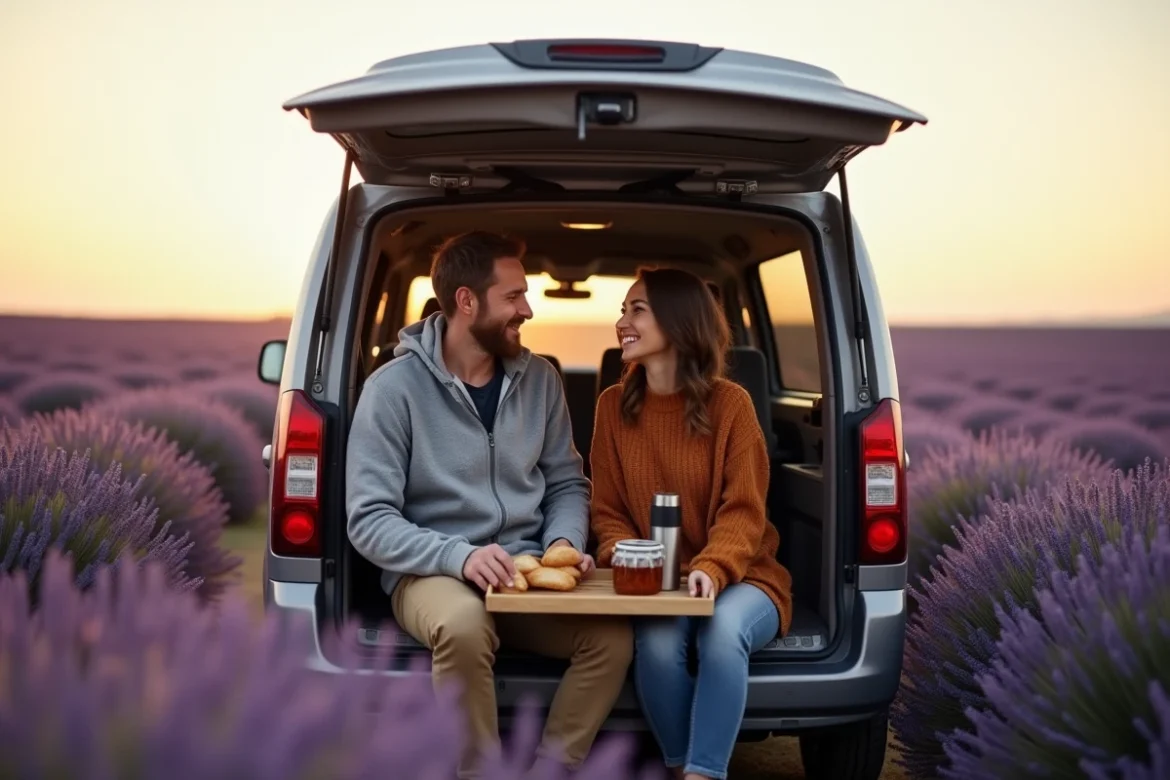 Couple de vanlifers prenant le petit-déjeuner à l'arrière de leur camping-car Dacia dans un champ de lavande en Provence