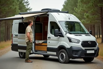 Un homme explore l'intérieur d'un camping-car Dacia compact garé sur une route forestière de montagne en France