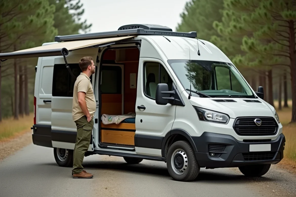 Un homme explore l'intérieur d'un camping-car Dacia compact garé sur une route forestière de montagne en France