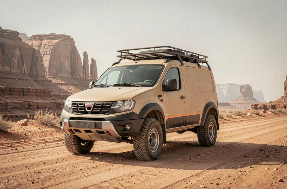 Concept van Dacia Sandman au design utilitaire robuste garé sur une route désertique avec des formations rocheuses rouges en arrière-plan