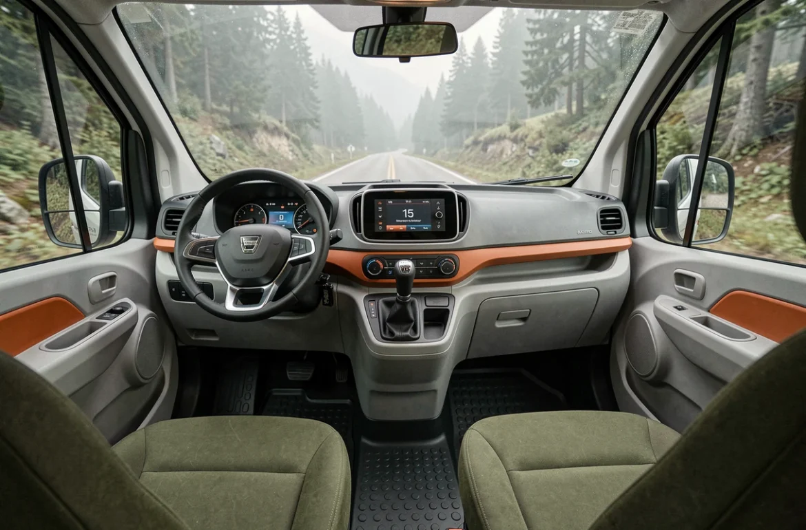 Intérieur minimaliste du concept van Dacia Sandman avec tableau de bord bicolore gris et orange et sièges en tissu olive