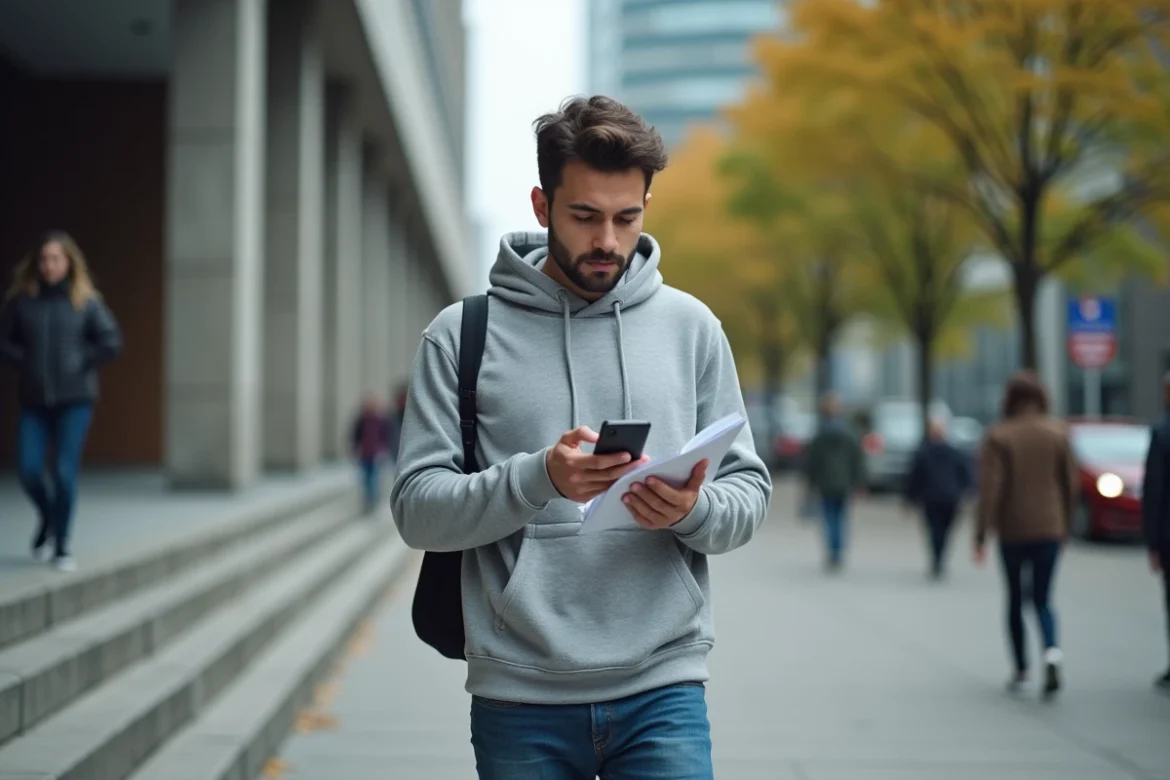 Jeune homme consultant une démarche de transfert de véhicule sur smartphone devant une préfecture