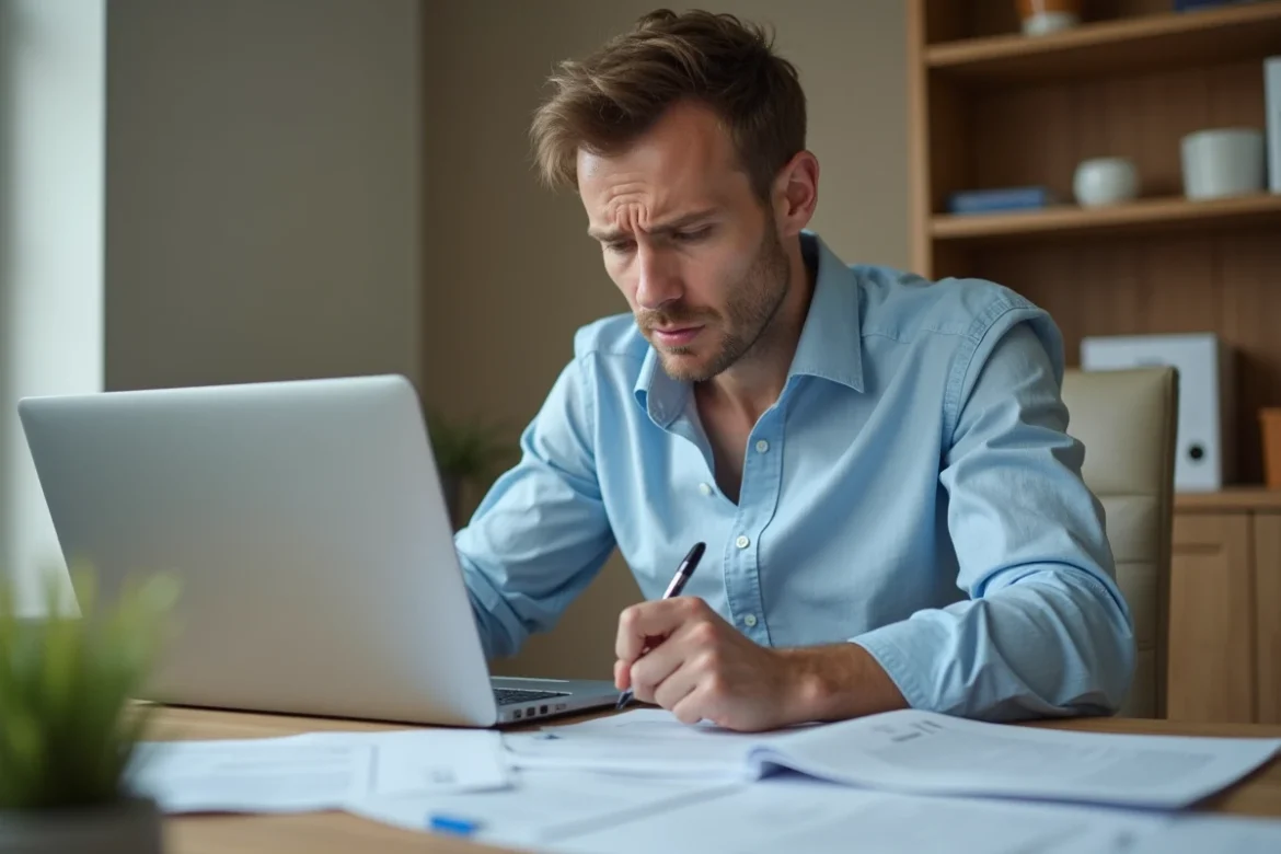 Homme consultant des documents administratifs pour une transaction de véhicule sur un ordinateur portable dans un bureau à domicile