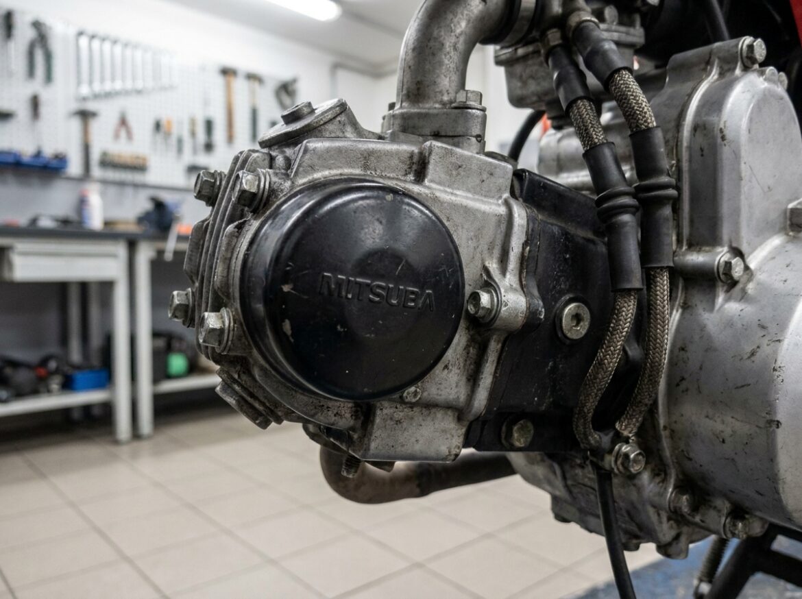 Démarreur Mitsuba monté sur moteur de moto dans un atelier de réparation