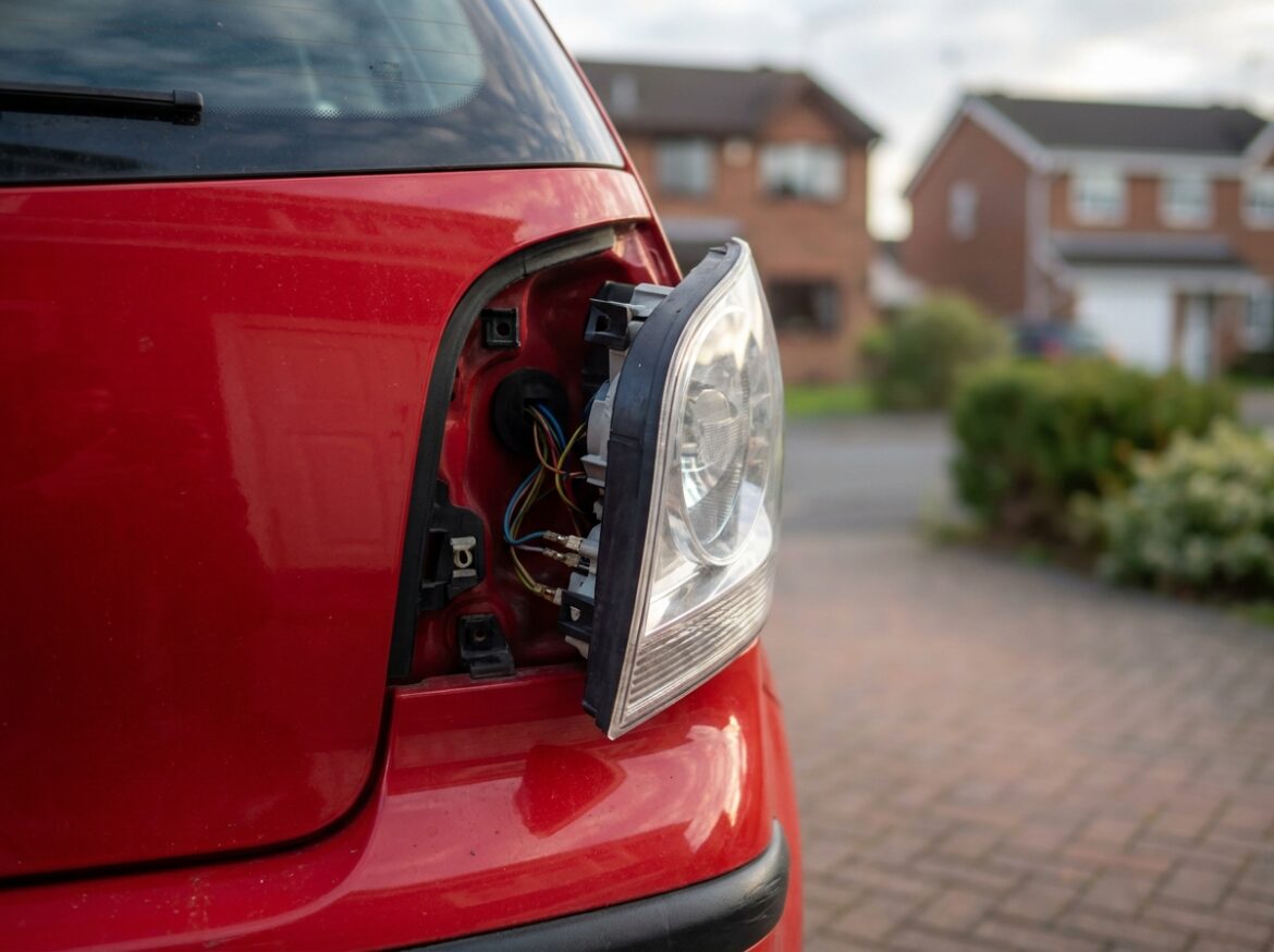 Feu arrière de Volkswagen Polo 4 partiellement démonté montrant les clips et le câblage