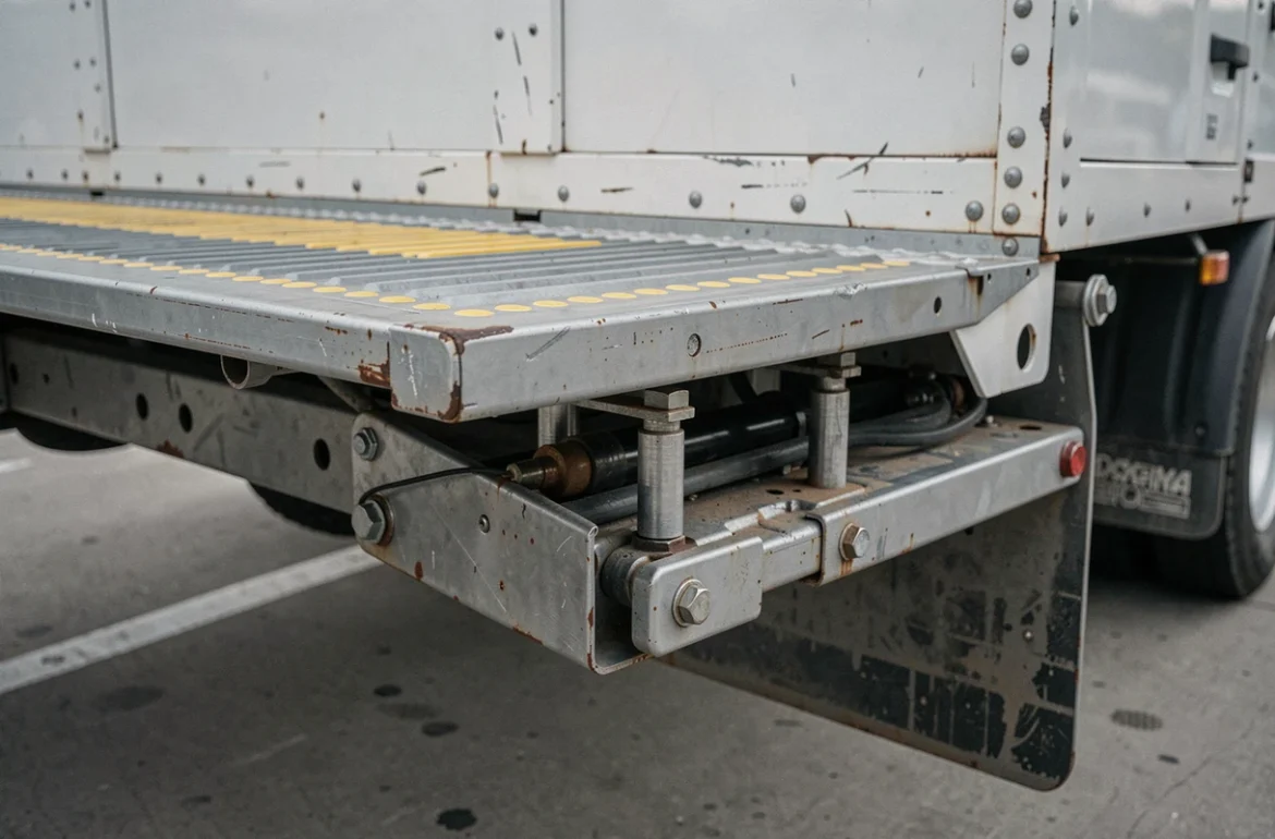 Détail du mécanisme de hayon hydraulique en acier nervuré d'un camion de déménagement 20m3 en location