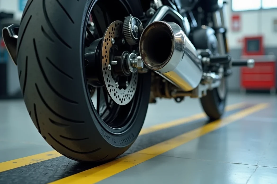 Détail mécanique d'un pneu arrière et disque de frein de moto sur une ligne de contrôle technique deux roues