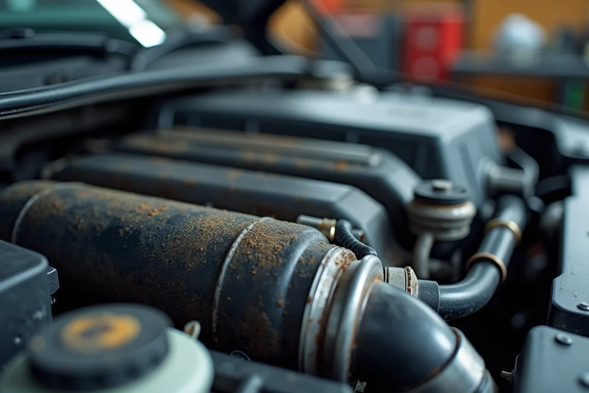 Détail d'un moteur 1.6 TDI avec signes d'usure visibles sur la vanne EGR et les durites