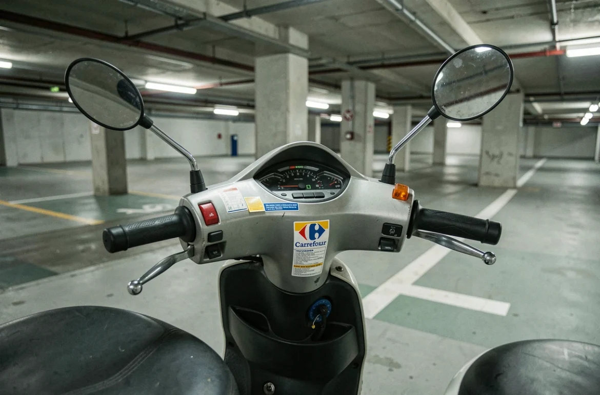 Détail d'un scooter avec autocollant d'assurance Carrefour dans un parking souterrain