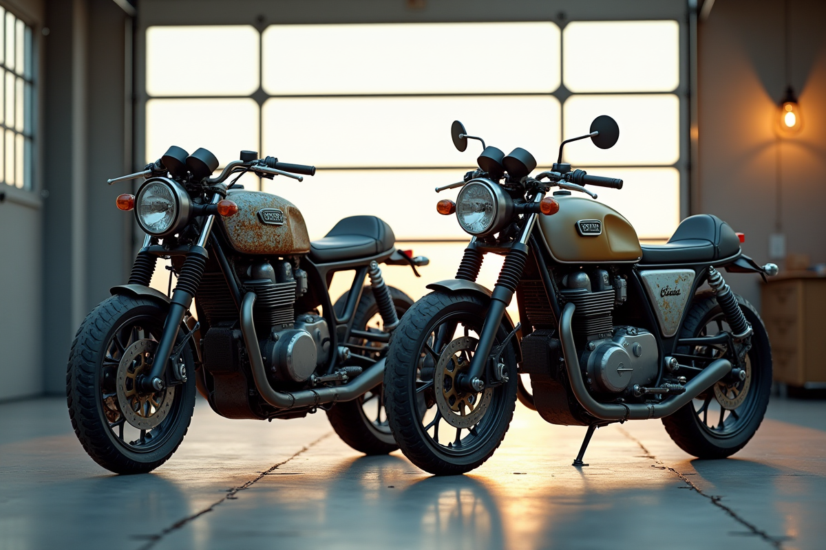 Deux motos côte à côte dans un garage lumineux une ancienne et une neuve