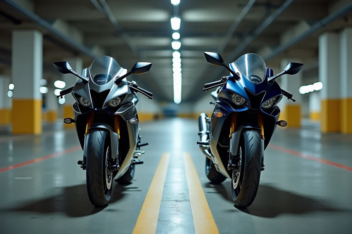 Deux motos sportives garées dans un parking avec vignettes d'assurance visibles, illustration du choix de couverture moto