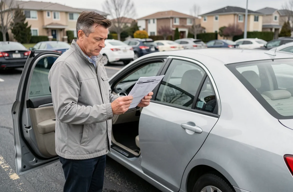 Homme examinant un devis d'assurance auto tous risques à côté de sa voiture