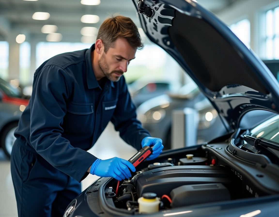 Technicien Renault effectuant un diagnostic sur moteur 1.5 dCi K9K dans un atelier officiel avec scanner OBD