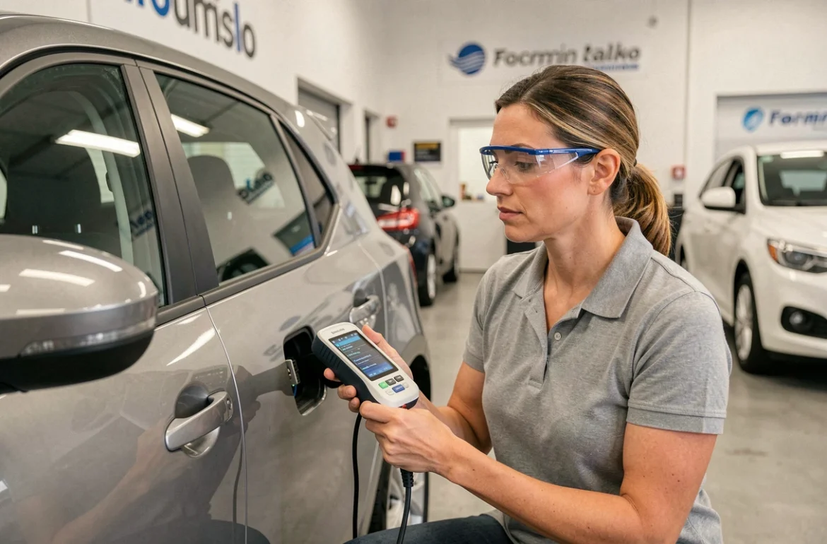 Technicienne automobile effectuant un diagnostic OBD2 sur un moteur BlueHDi dans un centre de service officiel