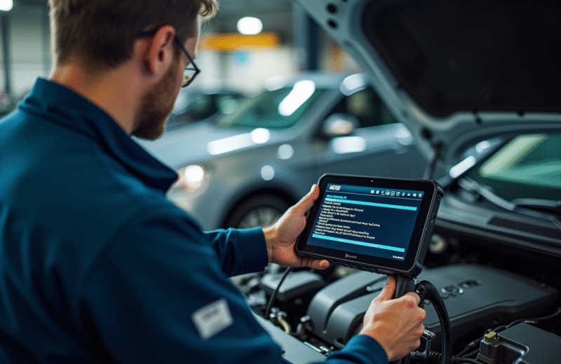 Mecanicien utilisant un outil de diagnostic sur un moteur moderne dans un garage bien éclairé