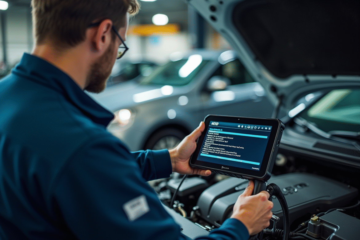 Mecanicien utilisant un outil de diagnostic sur un moteur moderne dans un garage bien éclairé