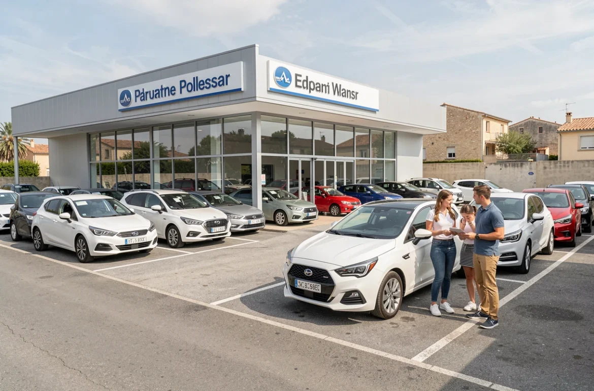 Parvis d'Easy Auto Pro avec des voitures d'occasion exposées et des clients en discussion avec un conseiller