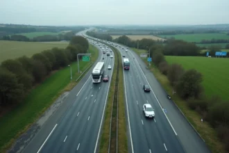 Vue aérienne d'un échangeur d'autoroute française avec plusieurs voies de circulation et paysage rural environnant