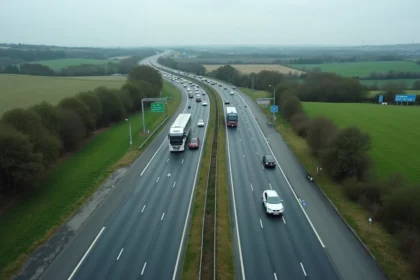 Vue aérienne d'un échangeur d'autoroute française avec plusieurs voies de circulation et paysage rural environnant
